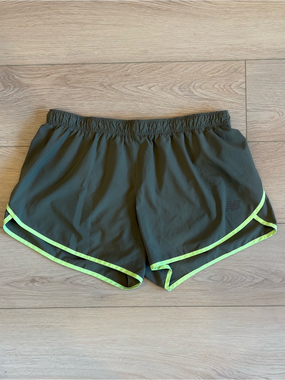 New Balance Women's Olive Green Athletic Shorts with Neon Yellow Trim